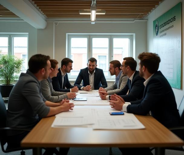 Sterling Foundations team in the Manchester office, group working at a large table