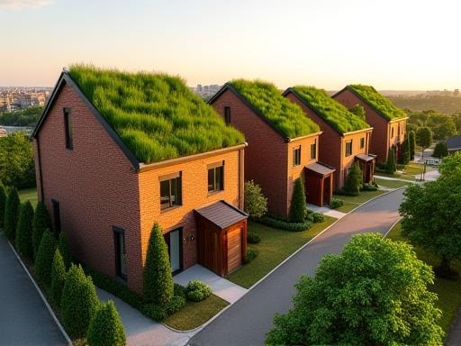 Row of eco-friendly homes in Chesterfield with green roofs