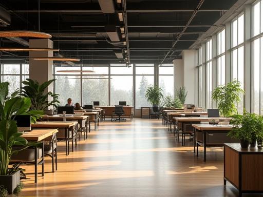 Modern open-plan Manchester office interior, recycled wood furnishings