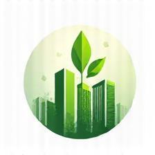 Sustainable construction symbol, green building with leaf in Manchester